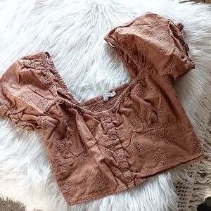 ↠ Love Tree Western Tan Button Front Cotton Floral Eyelet Puff Sleeve Crop Top